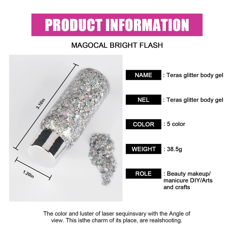 2PC Sliver Face Glitter Festival with Glue Hair Chunky Glitter Gel for Cosmetic Face Hair Body Nails Makeup Long Lasting Sparkling 60g 01 Sliver - BeesActive Australia