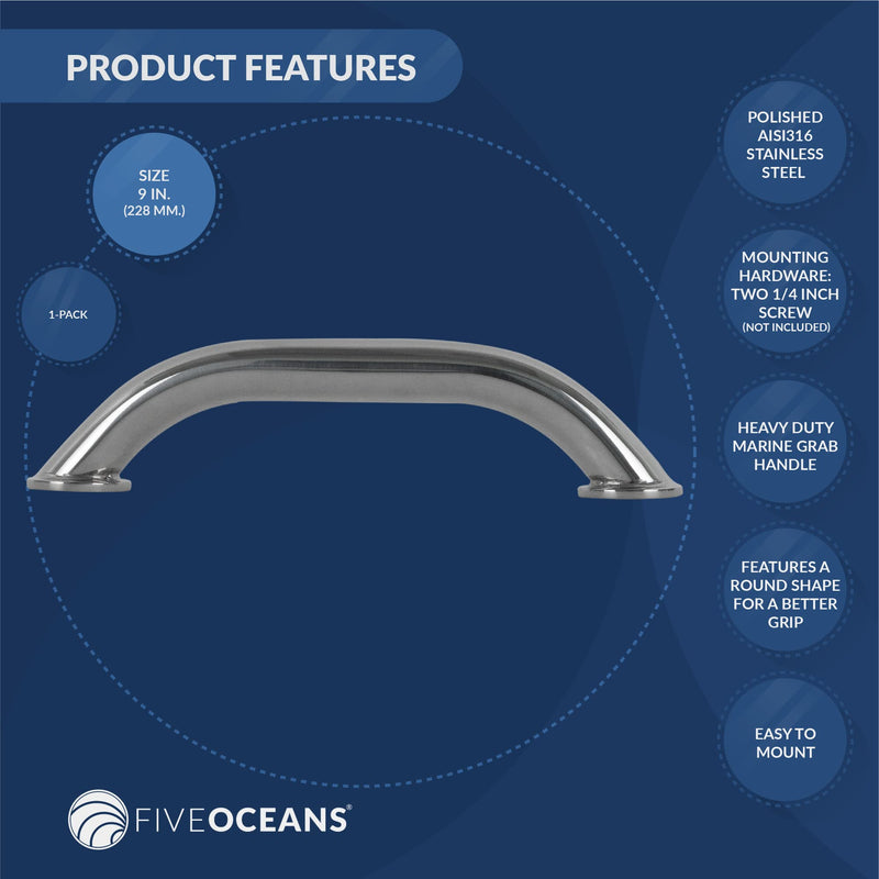 Five Oceans Marine Polished Stainless Steel Grab Handle Handrails 9 inches (1 Pack) - BeesActive Australia