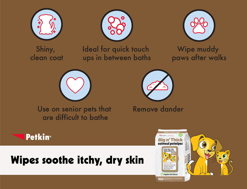 Petkin Oatmeal Pet Wipes for Dogs and Cats (Large Size Wipes, Big n' Thick) – Soothes Itchy, Dry Skin and Cleans Your Pet's Ears, Eyes, Face, Butt, and Body – Various Multipacks Available 200 Wipes - BeesActive Australia