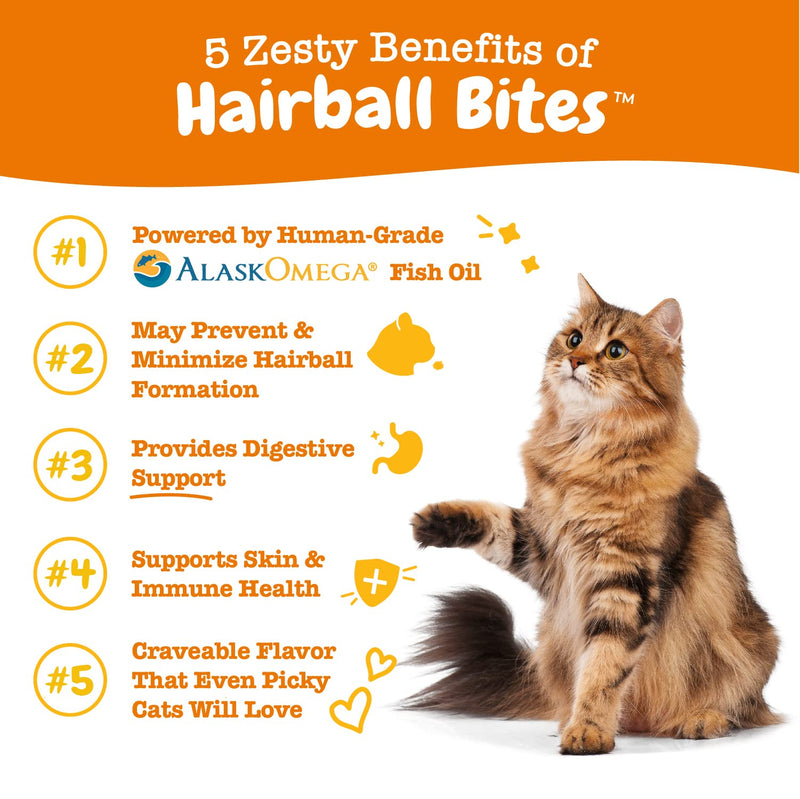 Zesty Paws Hairball Bites for Cats - Cat Furball Control - Functional Supplement with Omega 3 Fish Oil EPA & DHA + Mineral Oil, Zinc, Biotin & Psyllium Husk - Supports Gut & Skin Health - 60 Count - BeesActive Australia