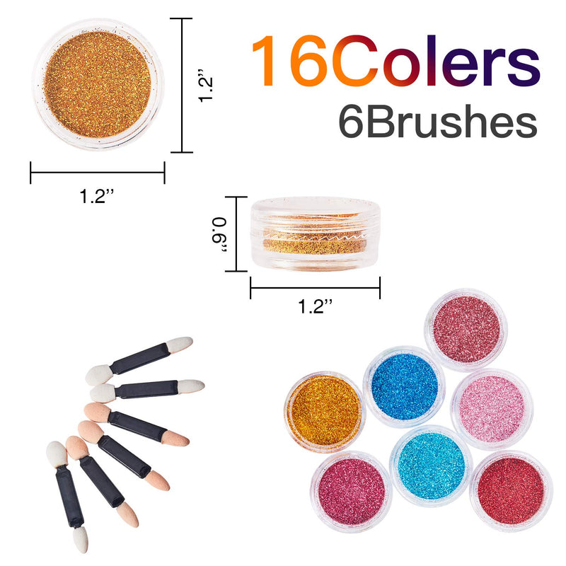16 Colors Glitter Nail Sequins Powder Cosmetic Festival Chunky Body Manicure Craft Glitter for Nail Hair Face with 6 Small Brushes - BeesActive Australia