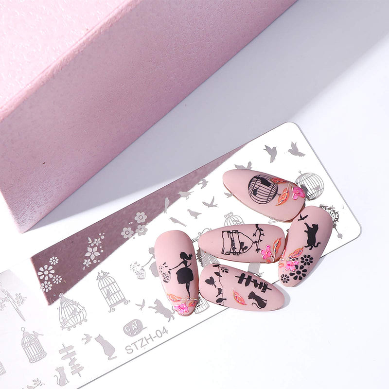 Nail Stamping Plates Set 5 PCS Nail Plates+1 Stamper+1 Scraper,Love Heart Rose Cat Bird Birdcage Flower Leaf Nail Design Kit For Acrylic Nail Supplies,DIY Template Image Stencil Tool Nail Decoration - BeesActive Australia