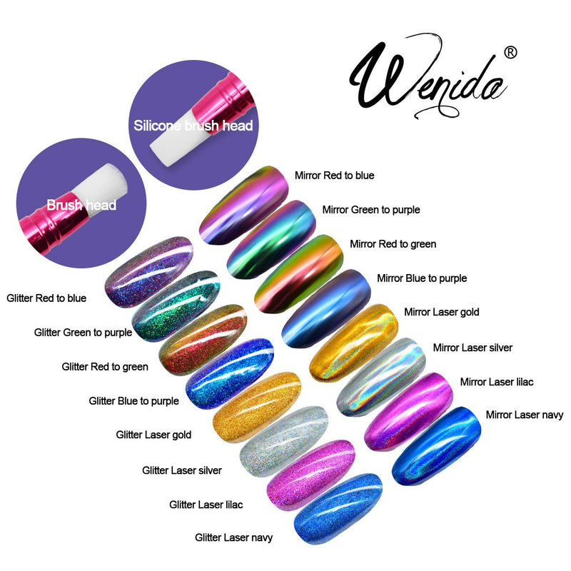 Nail Powder WENIDA 8 Jar Holographic Chameleon Chrome Mirror Laser Synthetic Resin Pigment with 8 False Nails and Silicone Nail Brush for Manicure Decoration 8 Jar - Set 2 Multi - BeesActive Australia