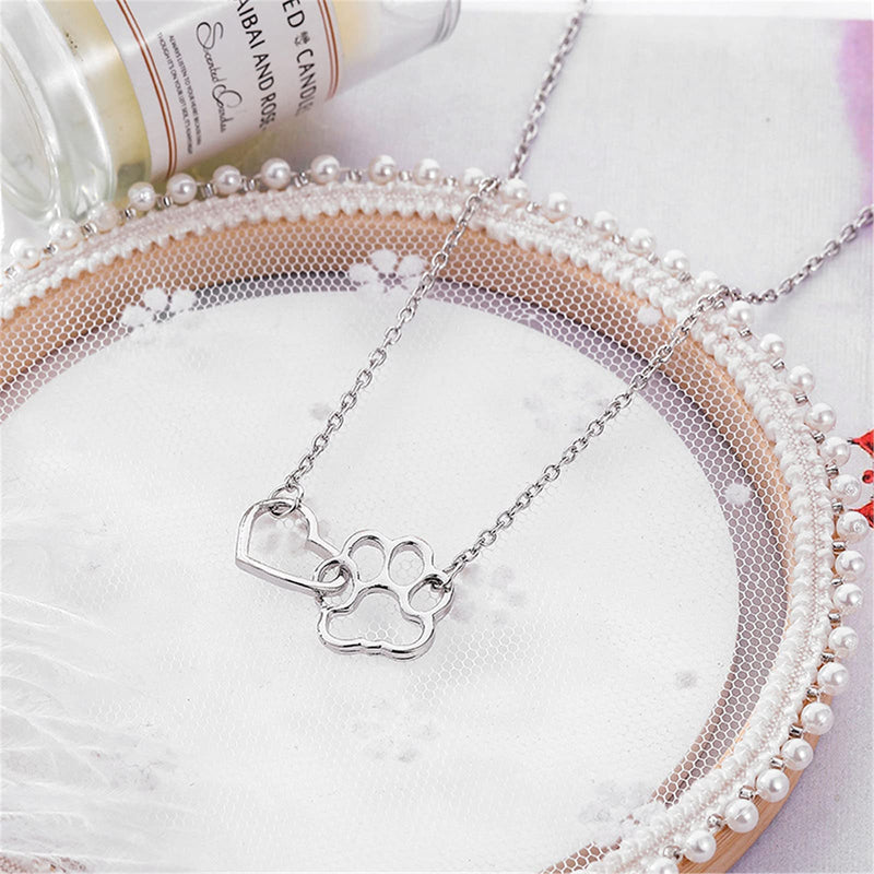 COLORFUL BLING Dog Cat Paw Print Pet Footprint Necklace for Women Girls Double Hollow Cute love Charm Creative Doggy Puppy Cat Animal Forever Love Heart Pendant Necklace Jewelry for Pet Lover Girls (Heart and Paw Print) Silver - BeesActive Australia