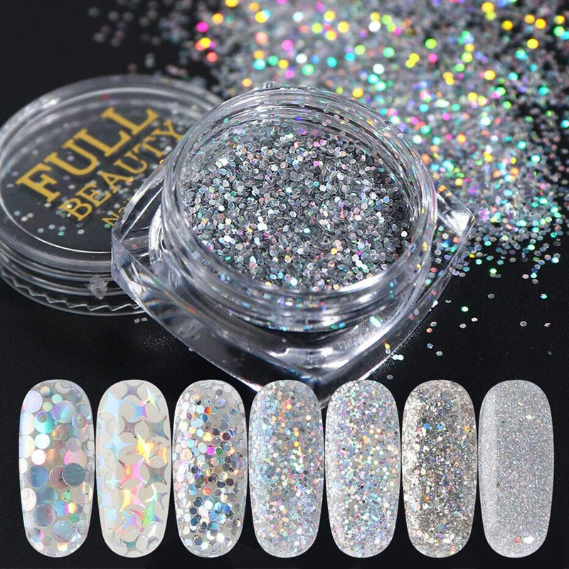 Holographic Nail Art Sequins Glitter Kits, KISSBUTY 8 Boxes Holographic Nails Powder Nail Art Sequins Metallic Shining Flakes Silver Nail Glitter Set for Nails Art Decoration Holographic Manicure - BeesActive Australia