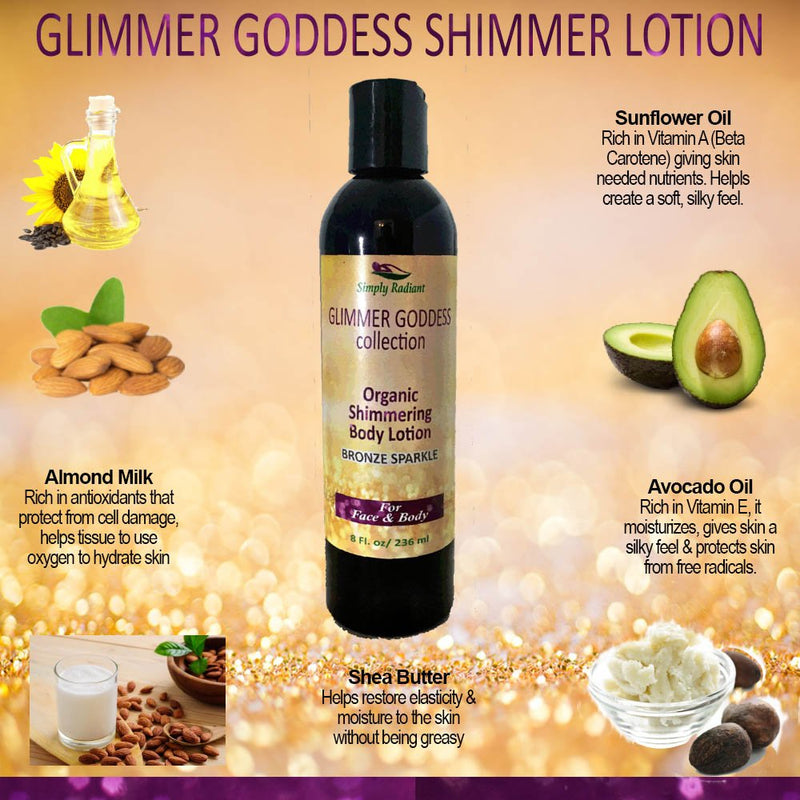 Glimmer Goddess Organic Body Lotion - Sexy Level 2 Bronze Shimmer, 8 oz Bronze Sparkle - BeesActive Australia