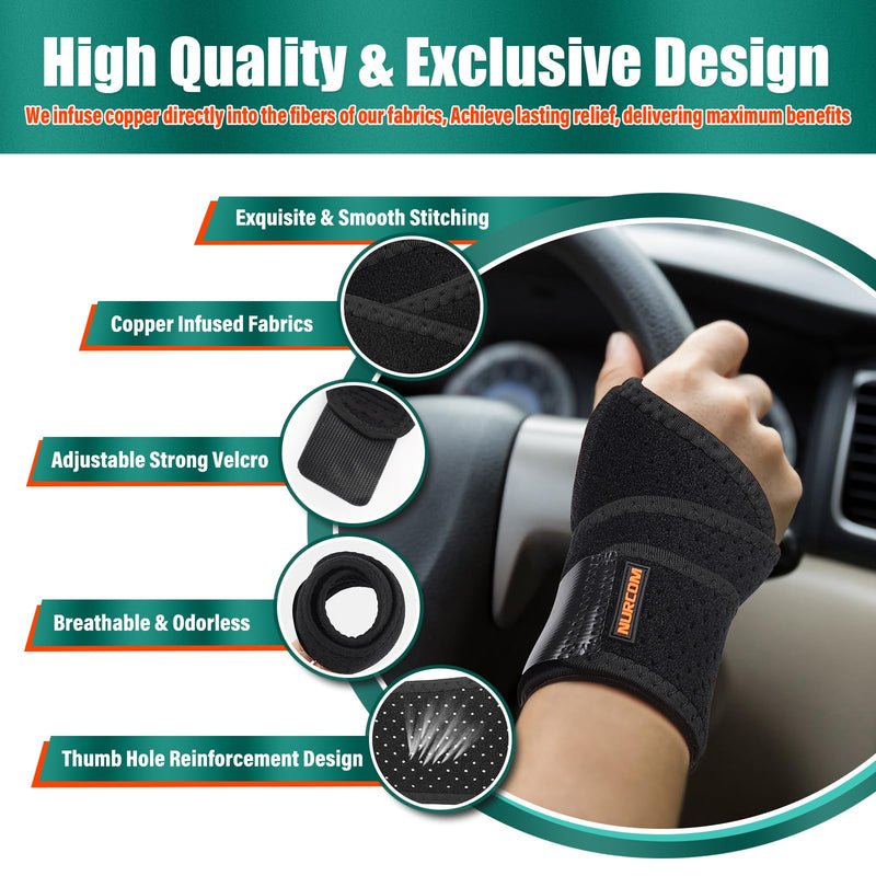 NURCOM 2 Pack Copper Wrist Brace for Carpal Tunnel, Upgraded Compression Wrist Support Brace for Day Night Support, Adjustable Wrist Wraps for Arthritis Tendonitis Pain Relief, Sport, Both Hands, Black One Size - BeesActive Australia