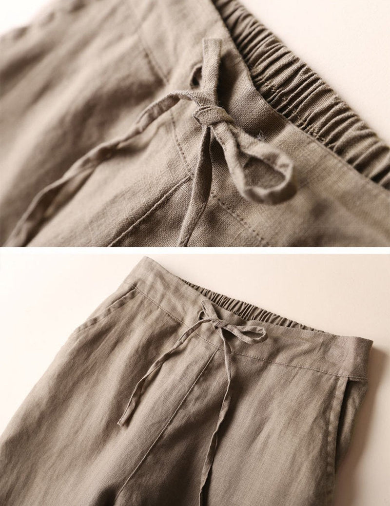 IXIMO Women's Tapered Pants 100% Linen Drawstring Back Elastic Waist Ankle Length Pants Dark Khaki Medium - BeesActive Australia