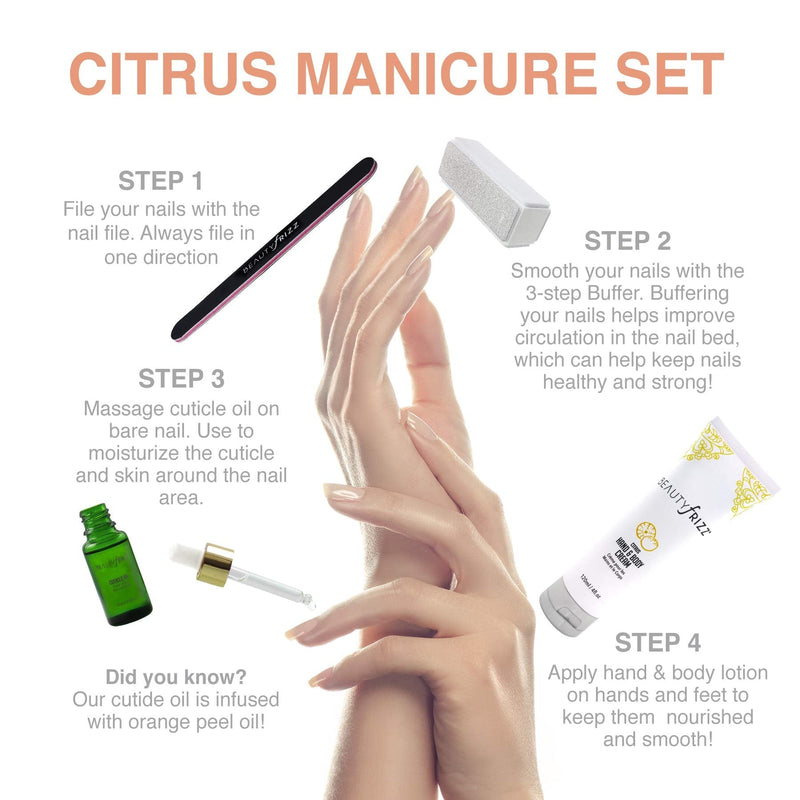 Beautyfrizz Citrus Nail Buffer Set - Nail Kit with 3-Sided Buffer, Cuticle Oil and Hand and Body Cream - Manicure Set to Keep Nails Merry - BeesActive Australia