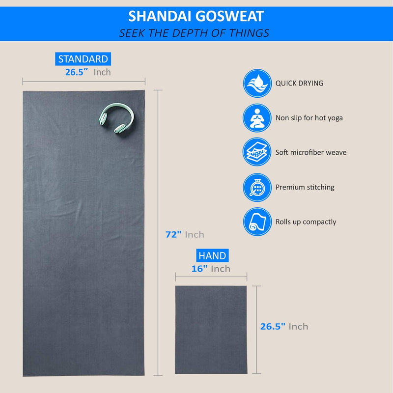 Shandali GoSweat Non-Slip Hot Yoga Towel with Super-Absorbent Soft Suede Microfiber in Many Colors, for Bikram Pilates and Yoga Mats. Gray 72.00" x 26.50" - BeesActive Australia