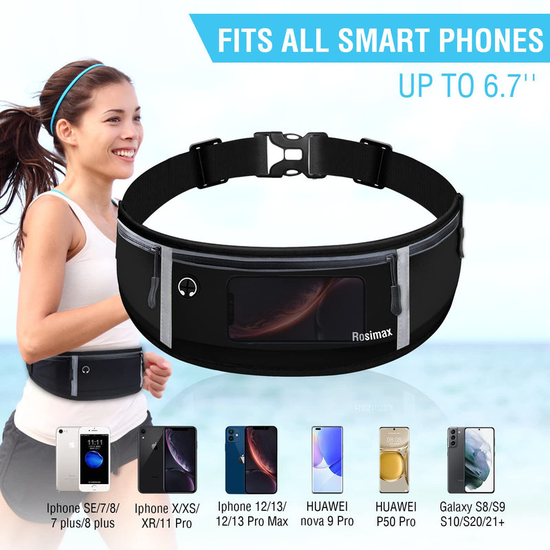 ROSIMAX Running Waist Phone Bag Water Resistant Adjustable Outdoors Sport Running Belt Travelling Money Pouch Fanny Pack for Women Men Cell phone holder Runners Belts for Hiking Fits All Phones iPhone Samsung - Black - BeesActive Australia