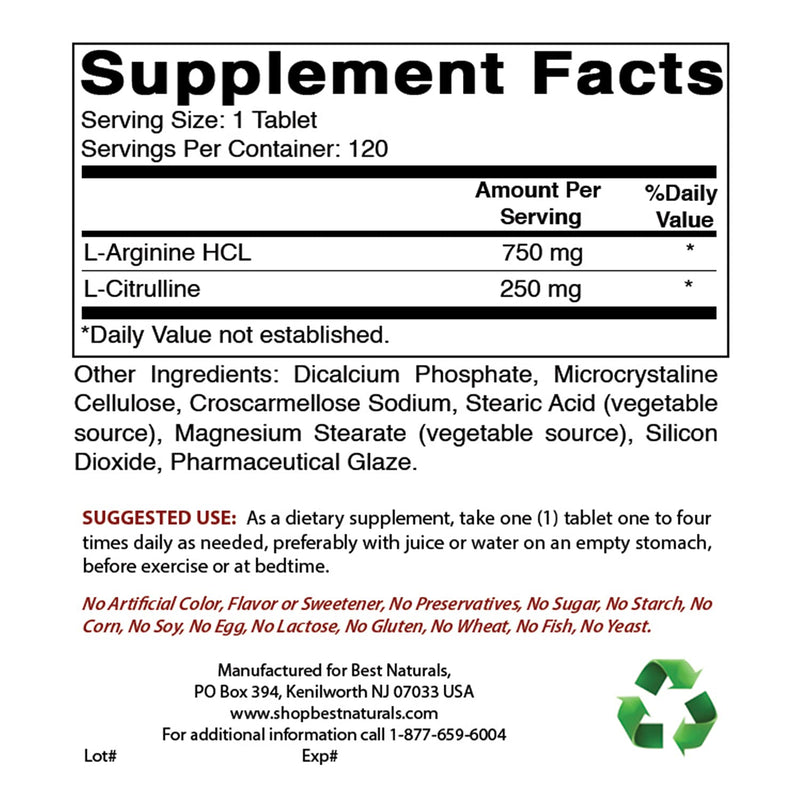 Best Naturals L-Arginine L-Citrulline Complex 1000 mg 120 Tablets (120 Count (Pack of 1)) 120 Count (Pack of 1) - BeesActive Australia