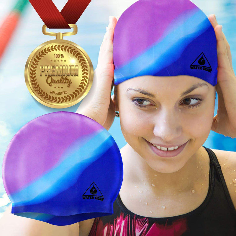 Water Gear Silicone Adult Swim Cap - Flexible Unisex Waterproof - Great for Short and Long Hair - Improve Your Performance - Women Men and Teens -Triathlon Swimmers and Athletes (Blue/Purple) - BeesActive Australia