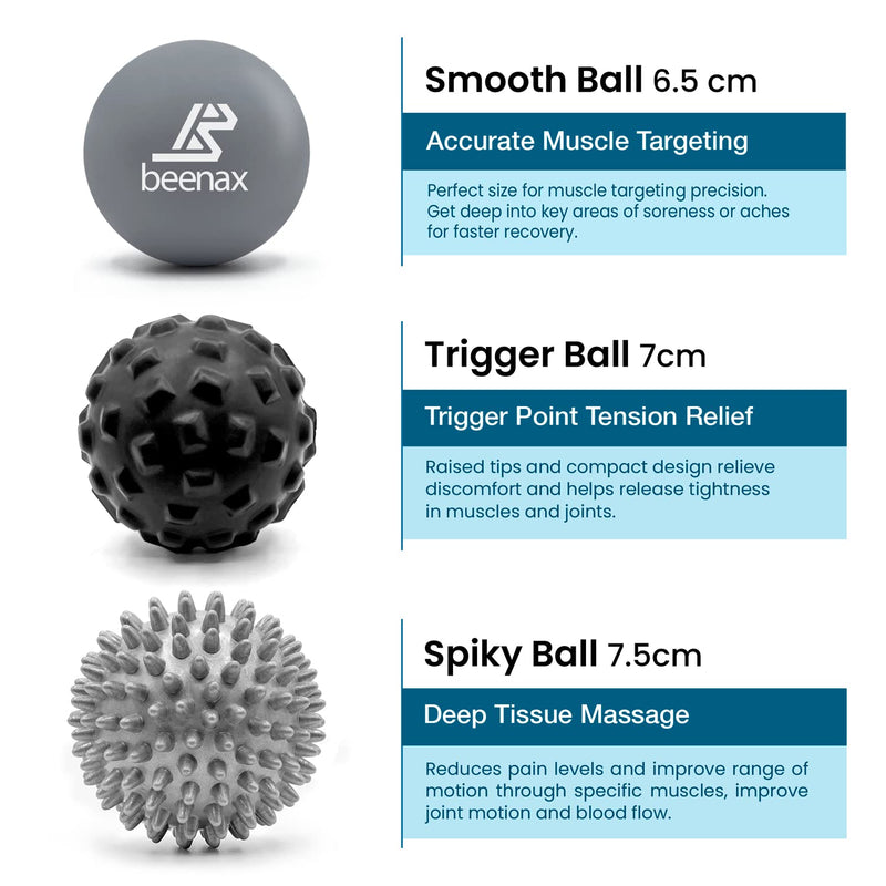 Beenax Massage Ball (Set of 3) - Perfect for Deep Tissue, Muscle Recovery, Trigger Point, Myofascial Release, Plantar Fasciitis and Muscle Relief - Designed to Relieve Stress and Relax Tight Muscles Grey - BeesActive Australia