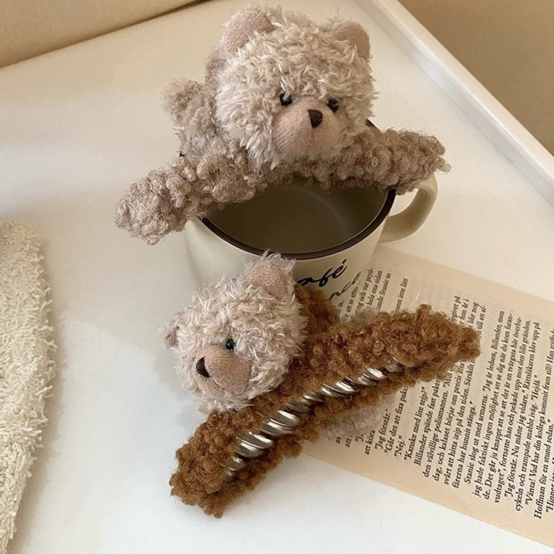 3 Pcs 4.72 Inch Large Hair Claw Clips Cute Fluffy Plush Bear Hair Catch Barrette Jaw Clamp for Women Girls Strong Hold Half Bun Hairpins for Thick Thin Hair Stylish Curly Hair Accessories - BeesActive Australia