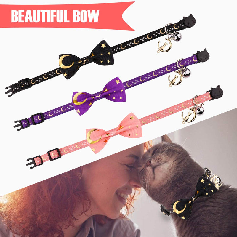 2 PCS Breakaway Cat Collar with Bow Tie and Bell Golden Moon Glowing Star in The Dark for Kitten Black & Purple - BeesActive Australia