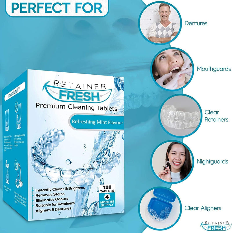 Retainer Cleaning Tablets - 120 Tablets 4 Months Supply Retainer Fresh, Brite, and Stain-Free - Retainer Cleaner Tablet, Mouth Guard, Dentures, Aligners 120 Count (Pack of 1) - BeesActive Australia