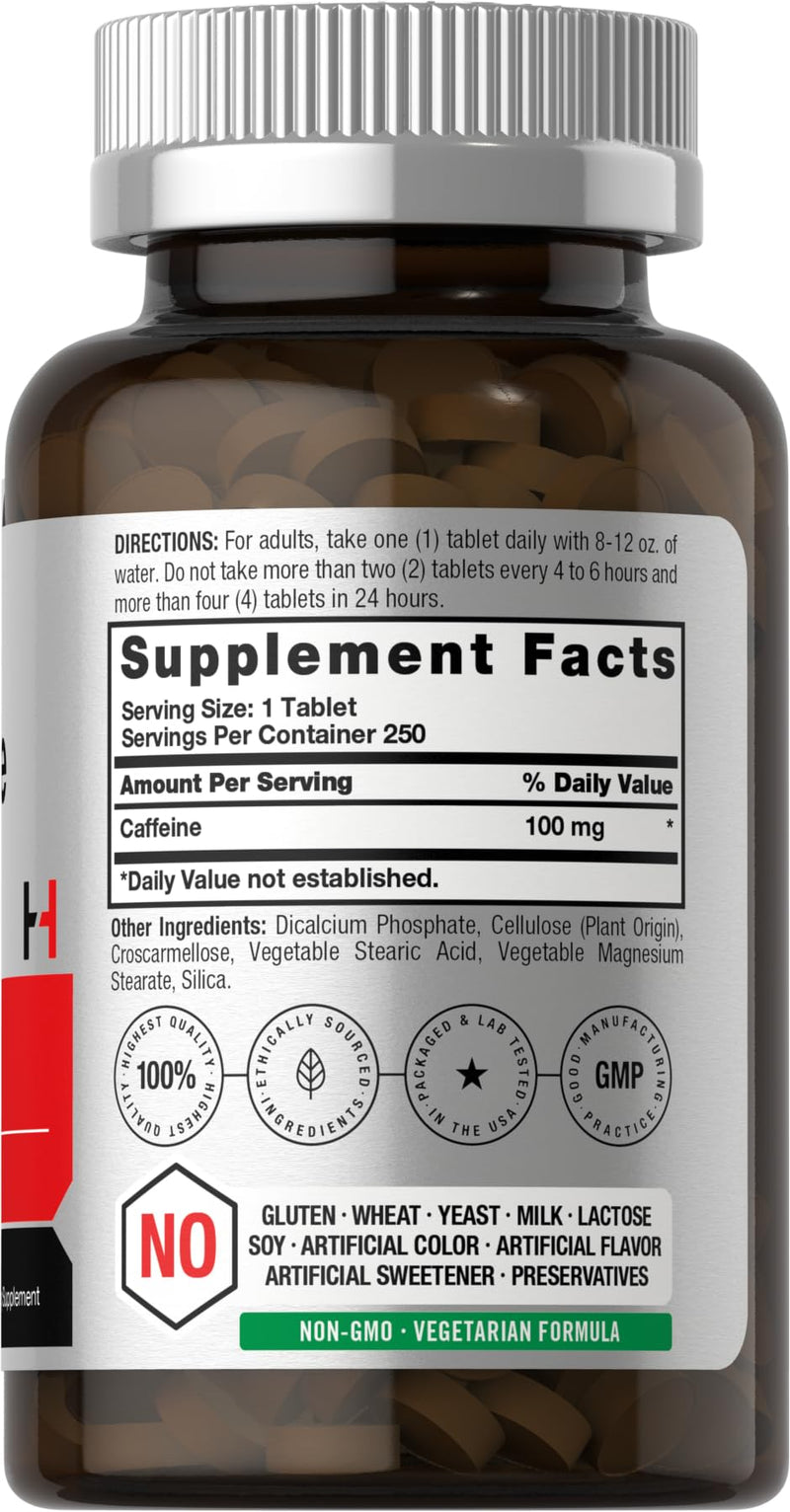 Caffeine Pills 100mg | 250 Tablets | Vegetarian Formula | Non-GMO, Gluten Free Supplement | by Horbaach - BeesActive Australia