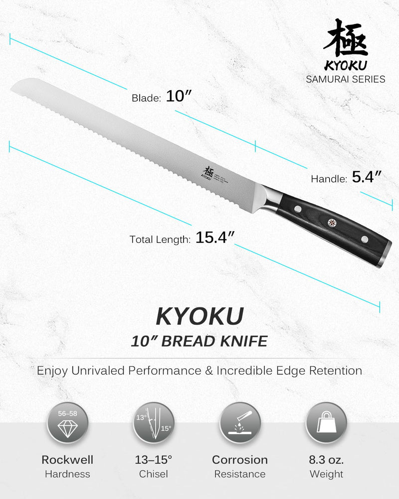 KYOKU 10" Serrated Bread Knife, Samurai Series Serrated Knife for Homemade Bread Pastries with Pakkawood Handle, Japanese High Carbon Steel Cake Knife, Full Tang Bread Cutting Knife with Sheath & Case - BeesActive Australia