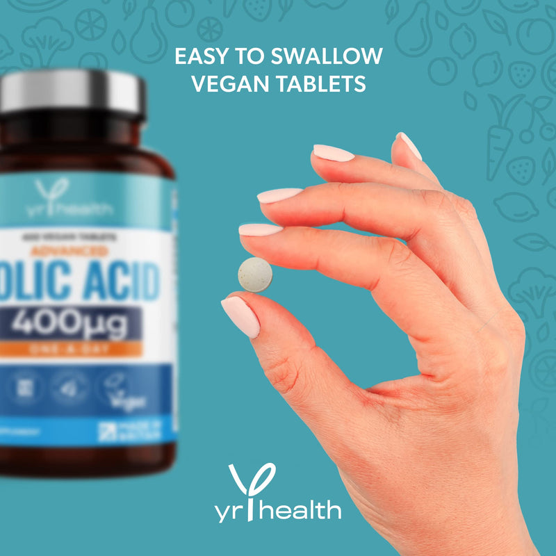 Folic Acid 400 mcg Tablets - 400 Vegan Vitamin B9 Tablets for Women, 13 Month Supply, Folic Acid Pregnancy for Normal Function of Immune System and Maternal Tissue Growth - Made in The UK by YrHealth - BeesActive Australia