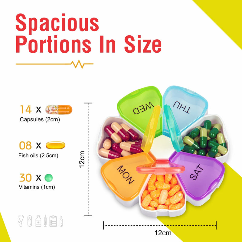 Portable Weekly Pill Box Organiser | Easy to Open 7 Day Premium Quality Tablet Box | Travel Pill Case with Snap Shut Lids Design |Tablet Organiser for Vitamins, Supplements & Medicine Flower-rainbow-white - BeesActive Australia