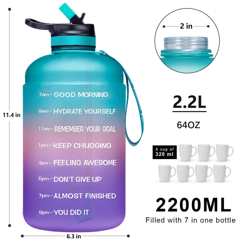 ADOLPH Large Half Gallon Motivational Water Bottle with 2 Lids (Chug and Straw), Leakproof BPA Free Tritan Sports Water Jug with Time Marker to Ensure You Drink Enough Water Throughout The Day A1-Green/Pink/Purple Gradient - BeesActive Australia