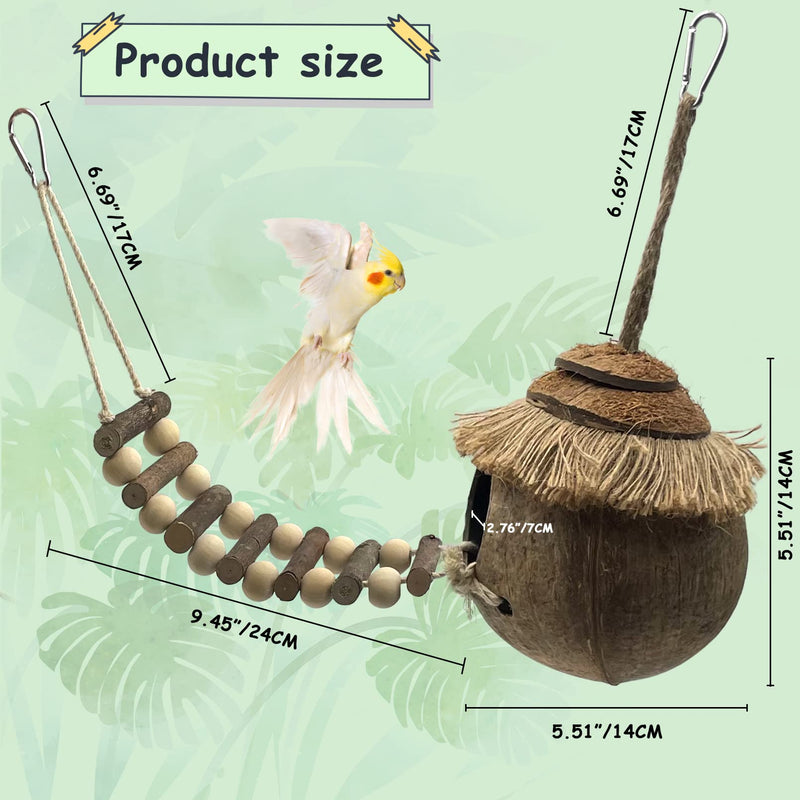 Tfwadmx Hanging Bird House with Ladder Natural Coconut Fiber Birds Nest Coco Shell Hideaway Lovebird Swing Toys Parrot Cage Accessories for Parakeet Finch Parrot Canary - BeesActive Australia