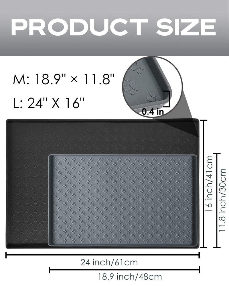 Silicone Dog Cat Food Mat, Waterproof Slip Resistant Raised Edge Pet Feeding Mats, Pet Bowl Mat Anti-Messy and Prevent Spill on Floor, Dishwasher Safe M: 18.9" X 11.8" Grey - BeesActive Australia