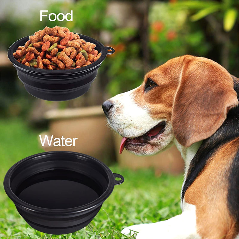 PetBonus 2-Pack Silicone Collapsible Dog Bowls, BPA Free Dishwasher Safe, Portable Foldable Expandable Travel Bowl, Food Water Feeding Cup Dish for Dogs Cats with 2 Carabiners Small Black + Black - BeesActive Australia