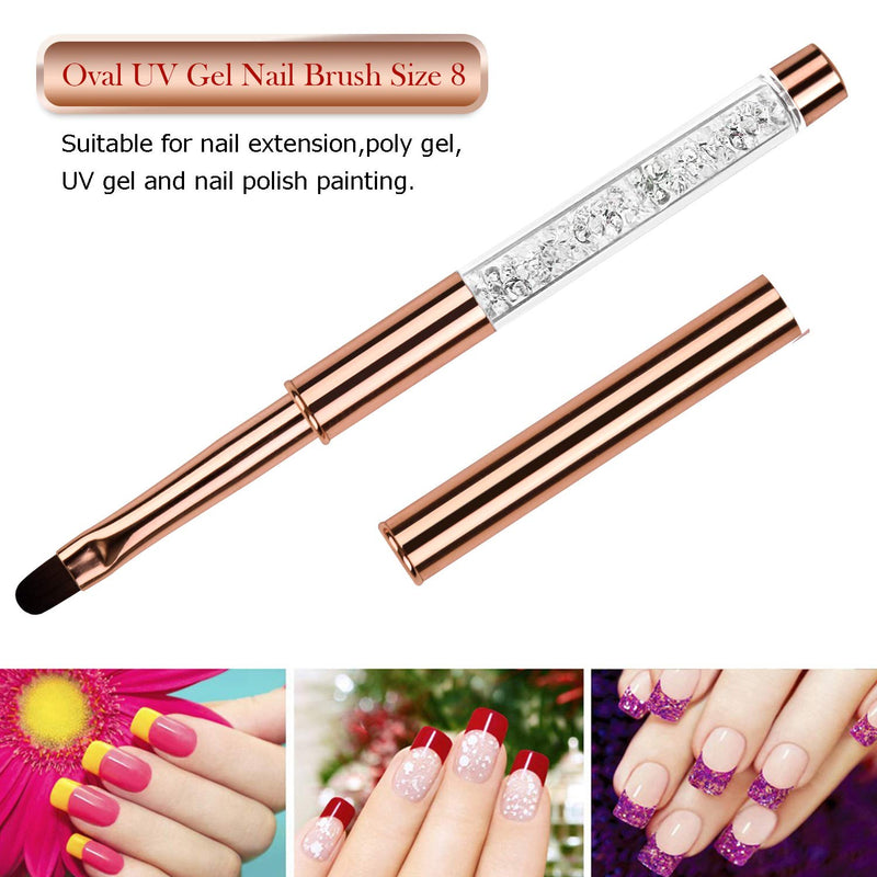 Ycyan 1Pcs Oval UV Gel Nail Brush Rhinestone Handle Professional Nail Art Tools Size 8 Rose Gold - BeesActive Australia