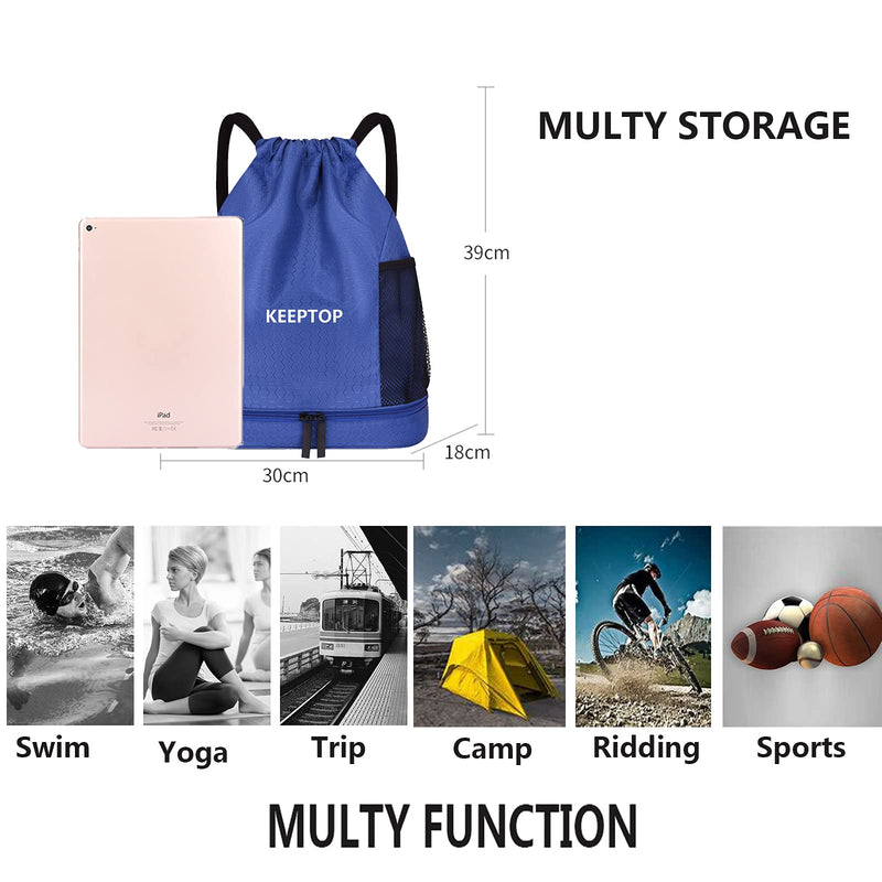 Waterproof Drawstring Backpack Training Gymsack Drawstring Strap Dry Wet Depart Daypack Casual Bags Swimming Yoga Sport Shoulder Rucksack (Blue) Blue - BeesActive Australia