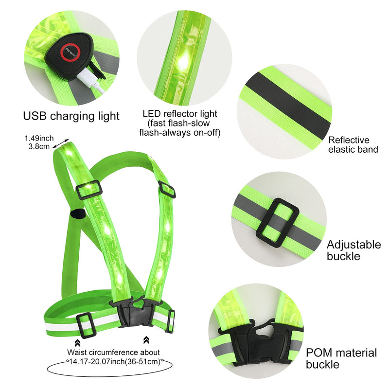 SATINIOR 2 LED Reflective Safety Vest USB Rechargeable Light up 4 Armband Storage Bags High Visibility Bands for Running Jogging Cycling Hiking Walking, Green - BeesActive Australia