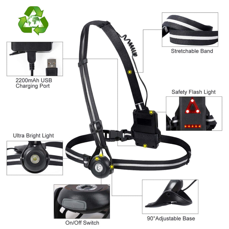 West Biking Night Running Lights, USB Rechargeable Chest Light with 90° Adjustable Beam Angle, 500 Lumens Waterproof Ultra Bright SafetyLamp with Reflective Straps for Runner black - BeesActive Australia