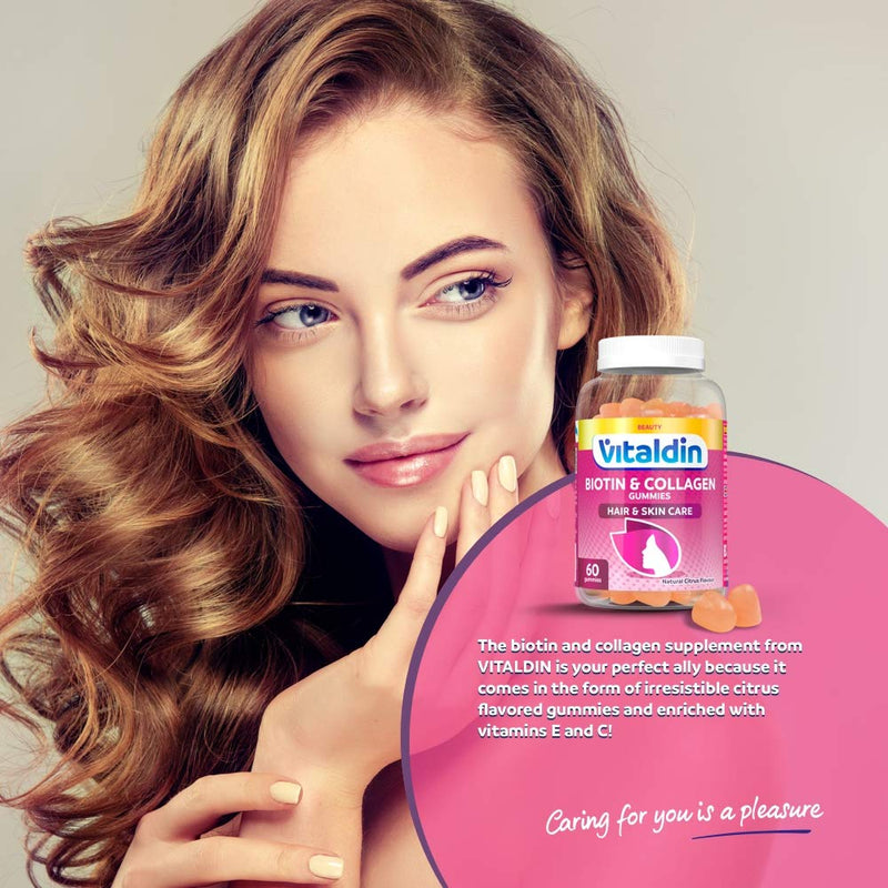 VITALDIN Biotin & Collagen Gummies � Beauty Supplement � 2500 mcg Biotin, 100 mg Collagen, Vitamins C + E � 60 Chewable Gummies (1 Month Supply), Citrus Flavour � Hair & Skin Support � Gluten Free - BeesActive Australia