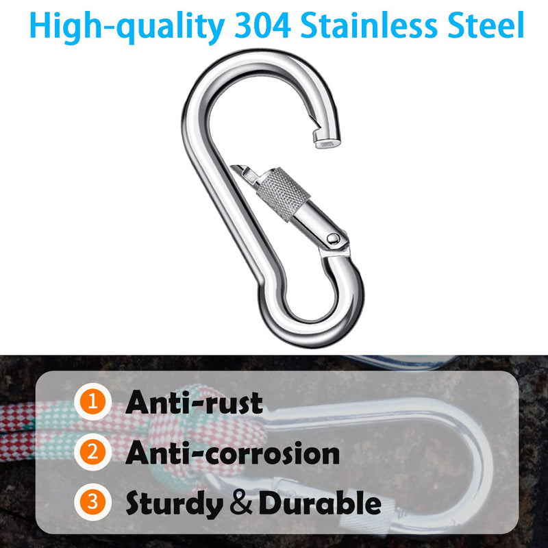 SpotDoo Locking Carabiner Clips, 304 Stainless Steel Heavy Duty Locking Carabiner Spring Snap Hook 3.15 Inch (M8) 6 - BeesActive Australia