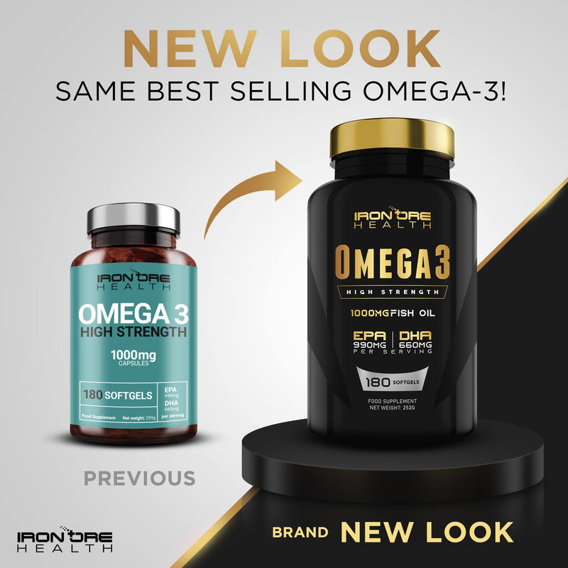 Omega 3 Fish Oil - 180 High Strength Capsules - 990mg EPA & 660mg DHA per Daily Serving - 2 Months Supply - Made in UK - BeesActive Australia