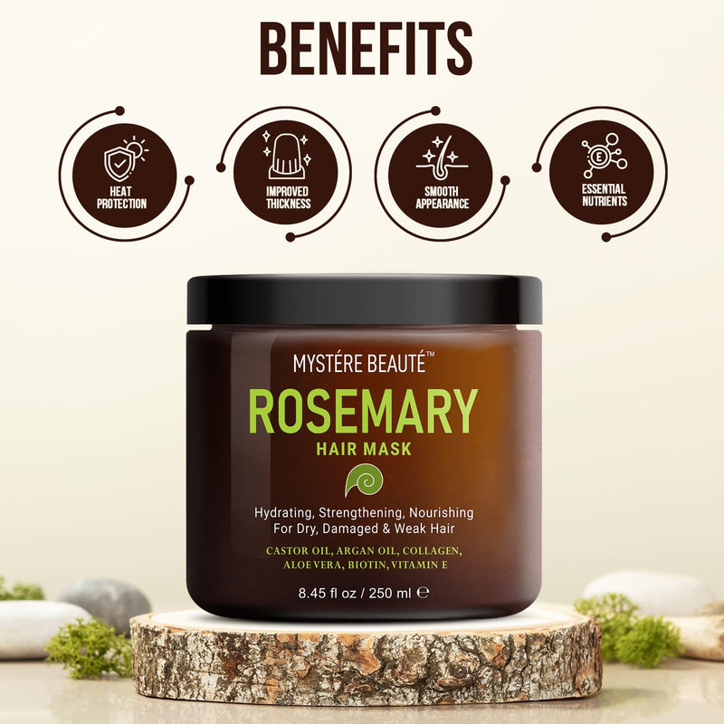 MYSTÉRE BEAUTÉ Rosemary Hair Mask for Dry Damaged Hair with Collagen, Biotin, Argan Oil- Strengthening Hair Masque for Split Ends, Hair Loss and Breakage- 8.45 fl oz - BeesActive Australia