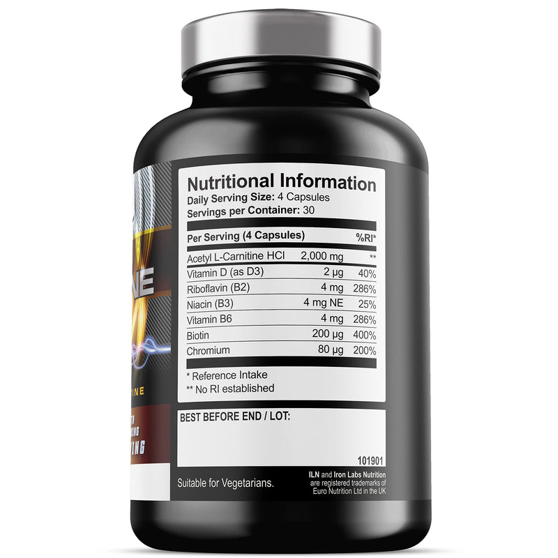 Acetyl L Carnitine Capsules - 2000mg Acetyl L-Carnitine x 30 Servings - Carnitine Plus 6 Added Nutrients (120 Vegetarian Capsules) 120 Count (Pack of 1) - BeesActive Australia