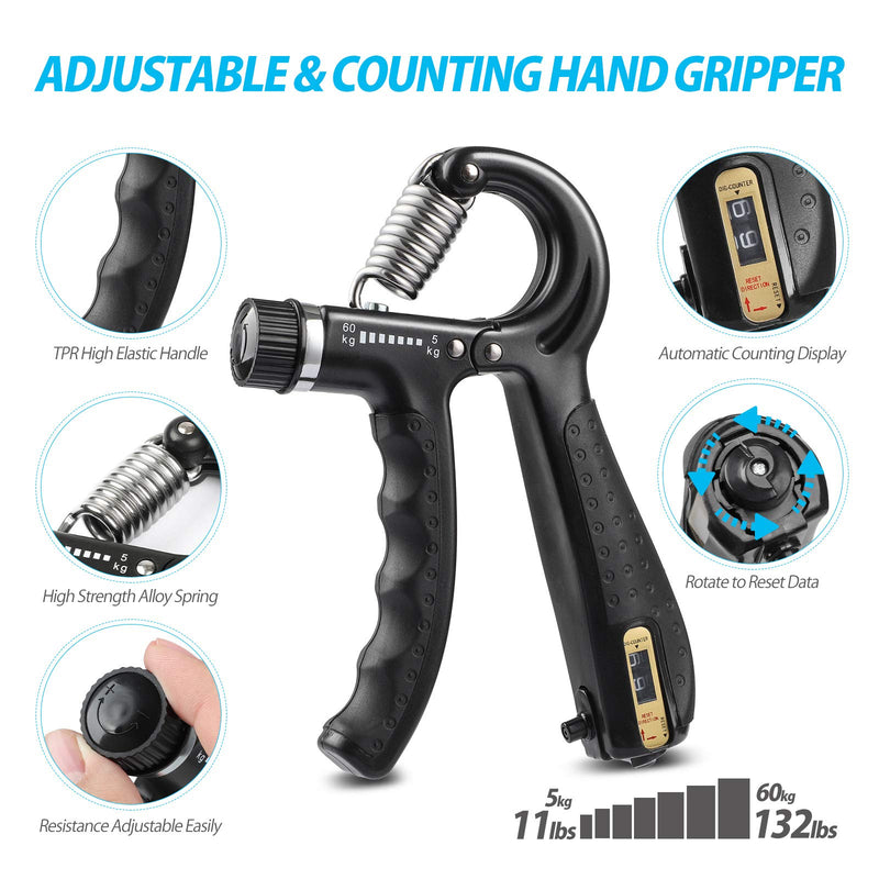 NIYIKOW Grip Strength Trainer Kit with Counter (5 Pack), Counting Grip Strength, Adjustable Hand Grip Strengthener, Finger Trainer, Finger Stretcher, Grip Ring & Stress Relief Grip Ball with Carry Bag Black - BeesActive Australia