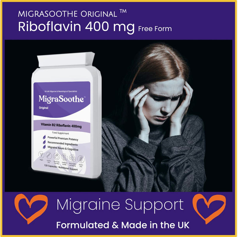 Premium Vitamin B2 Riboflavin 400mg per Capsule 120 Days Supply - Migrasoothe-B Pharma Manufacturing Standards UK Made Migraine Support, Stress, Tremors & Energy Vegan. Nice Recommended Vitamin B2 400 - BeesActive Australia