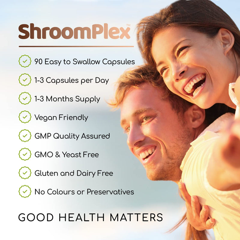 ShroomPlex Organic Mushroom Complex - Immune Boosting Mushroom Blend - 90 High Strength Vegan Capsules with Lions Mane, Shiitake, Chaga, Maitake and Reishi - Plus Organic Black Pepper & Vitamin C 1 Count (Pack of 1) - BeesActive Australia