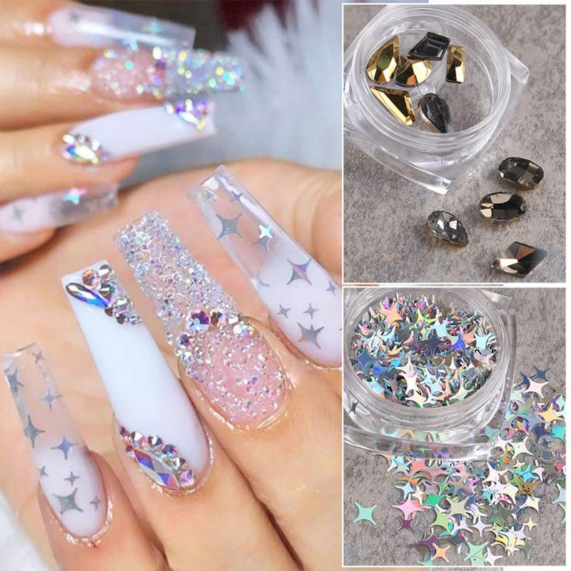 Gold Aluminum Nail Foil Star Nail Art Sequins Glitters Shell Flake 3D Rhinestone Nail Supplies Manicure Mixed Design Nails Art DIY Decoration Charms Holographic Nail Studs Fragments Jewelry 4 Boxes - BeesActive Australia