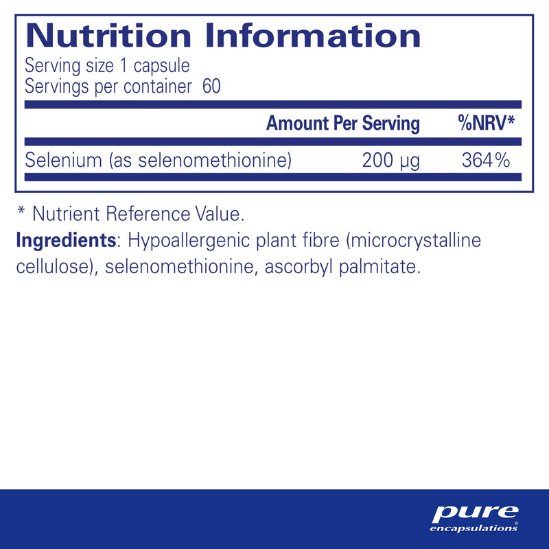 Pure Encapsulations - Selenium 200ug - Organic Selenomethionine Supplement for Immune and Thyroid Function Support - 60 Vegetarian Capsules - BeesActive Australia