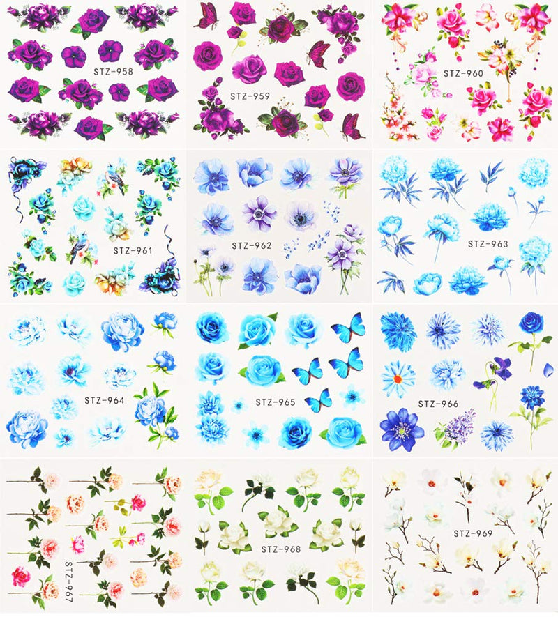 Nail Stickers for Women Nail Art Accessories Water Transfer Nail Decals Butterfly Rose Flower Nail Art Stickers Acrylic Manicure Nails Supply Nail Art Design DIY Decorations (24 Sheets) - BeesActive Australia