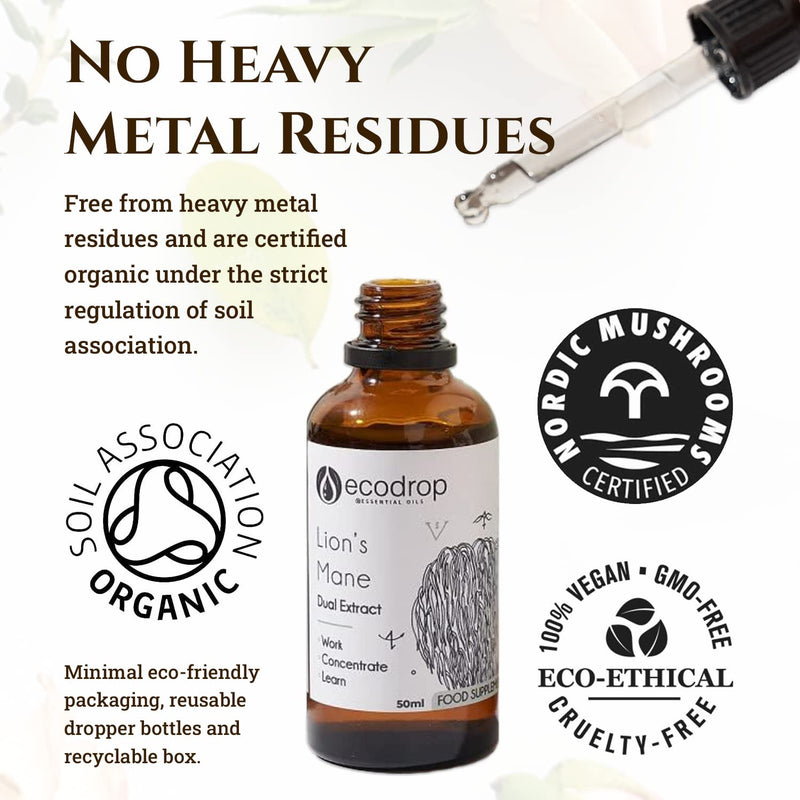 Ecodrop Organic Lions Mane Mushroom I 30ml I Double Extract Liquid Tincture Lions Mane Supplement I EU & Soil Association Certified I Manufactured in Finland Lion's Mane 30 ml (Pack of 1) - BeesActive Australia