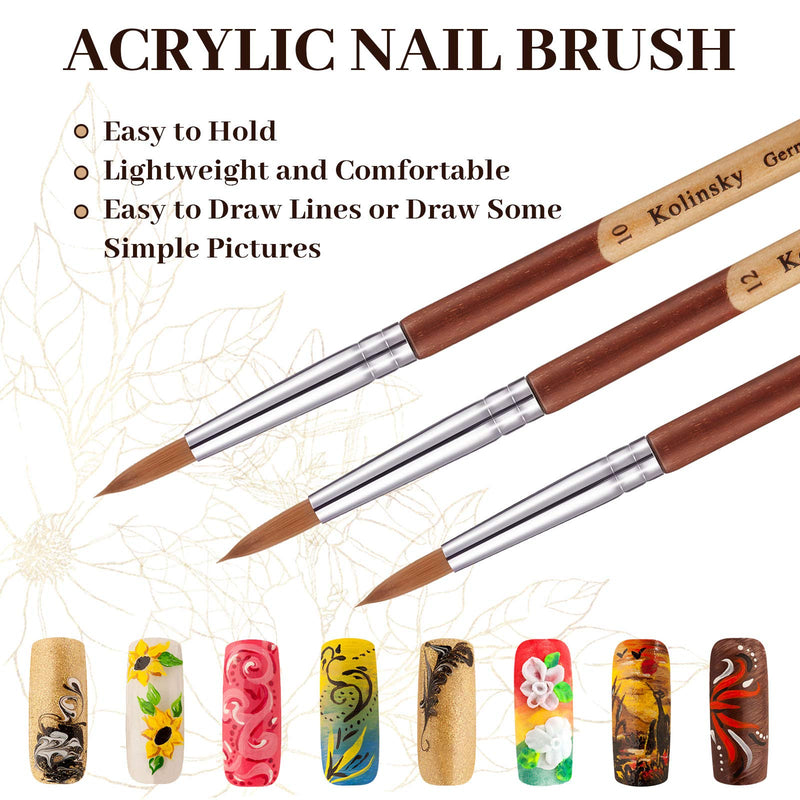 3 Pieces Kolinsky Acrylic Nail Brush Sable Nail Art Liner Brush Soft Nail Brushes for Acrylic Nails with Wooden Handles for Acrylic Application Liquid Styling Nail Art Manicure, 3 Sizes - BeesActive Australia