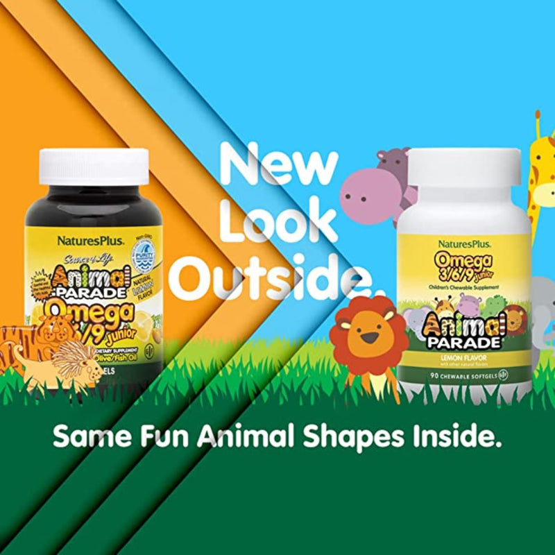 NaturesPlus Animal Parade Omega 3 6 9 Junior - Plant and Fish Oil for Kids - Healthy Brain Function - Natural Lemon Flavour - Gluten Free - 90 Softgels - BeesActive Australia