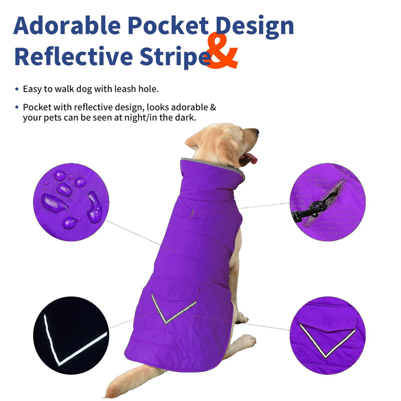 Dog Winter Coat, Dog Jacket with Pocket and Reflective Strip, Windproof Waterproof Dog Sweater, Puppy Clothes Warm Pet Winter Vest for Puppy Small Medium Extra Large Dogs Pet 3XL(Chest Girth:33.9-42.9") Purple - BeesActive Australia