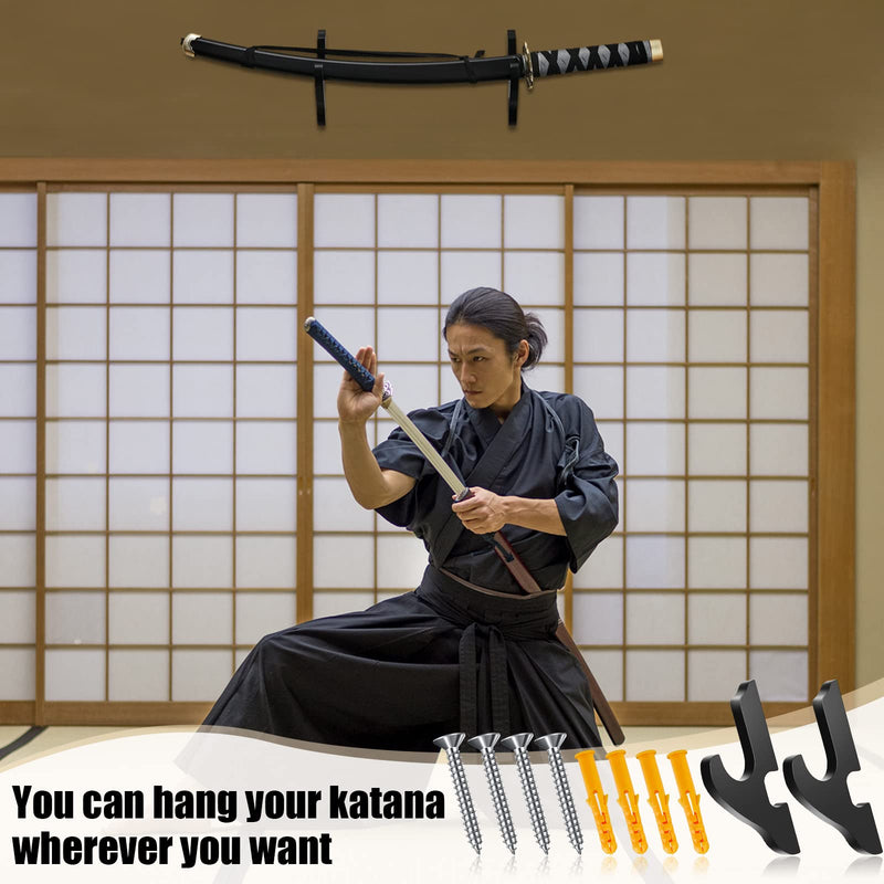 Yookeer 4 Sets Sword Wall Mount Adjustable Sword Holder Wood Martial Arts Weapons Stand Samurai Sword Weapon Wall Mount Wooden Sword Hangers with Nails Sword Display Supplies Black - BeesActive Australia