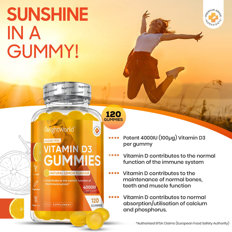 Vitamin D Gummies Adults 4000IU - Sugar-Free - 4 Months Supply - Natural Lemon Flavour - 120 Chewable Vitamin D3 Gummies - Vegetarian Friendly - High Strength Vitamin D Supplement - GMO & Gluten Free - BeesActive Australia
